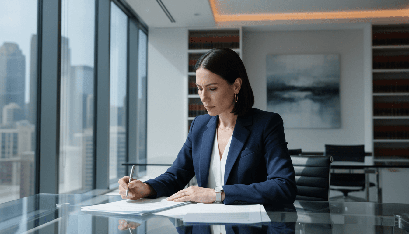 Professional attorney reviewing asset recovery case files in modern Miami office